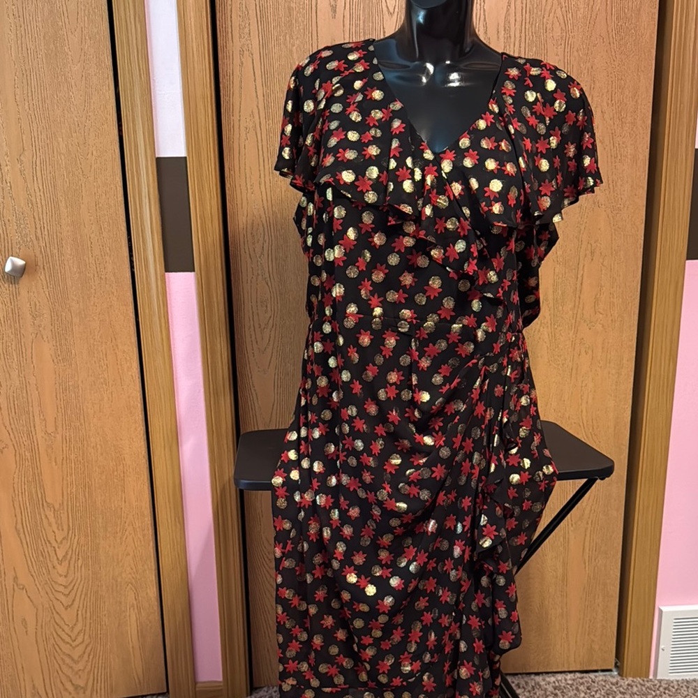 Lane Bryant Black, Red, and Gold Flutter Sleeve Dress